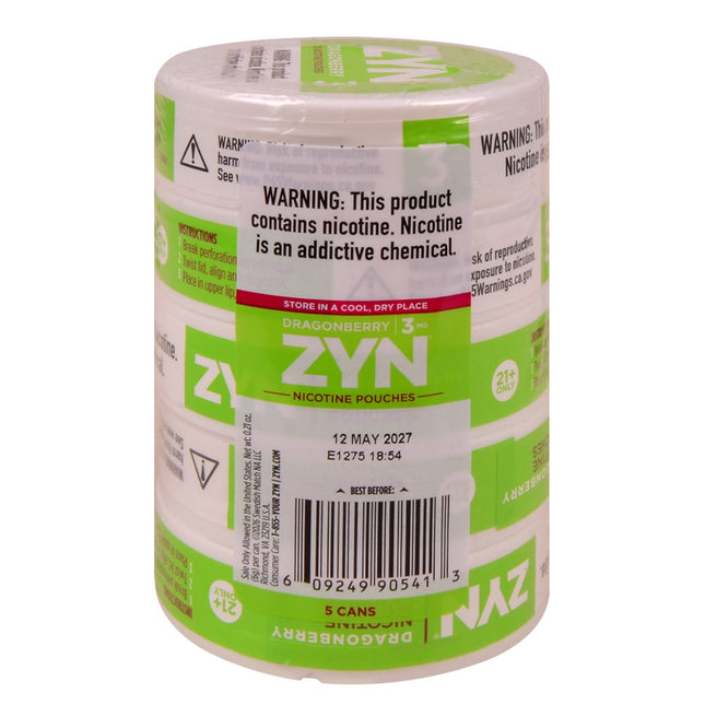 ZYN Nicotine Pouches 3mg 5 Cans of 15 Dragonberry