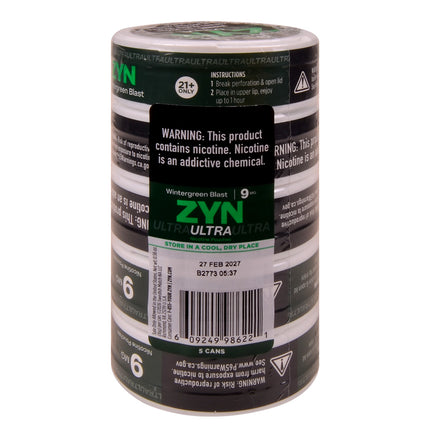 ZYN ULTRA Nicotine Pouches 9mg 5 Cans of 20 Wintergreen Blast
