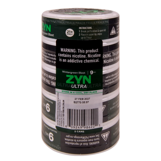 ZYN ULTRA Nicotine Pouches 9mg 5 Cans of 20 Wintergreen Blast