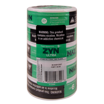 ZYN ULTRA Nicotine Pouches 9mg 5 Cans of 20 Fresh Spearmint