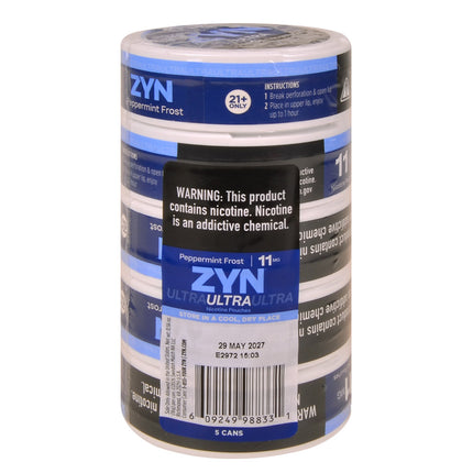 ZYN ULTRA Nicotine Pouches 11mg 5 Cans of 20 Peppermint Frost