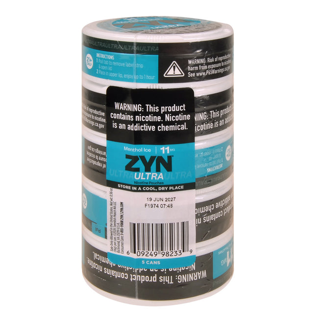 ZYN ULTRA Nicotine Pouches 11mg 5 Cans of 20 Menthol Ice